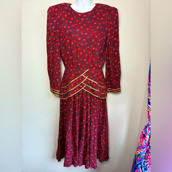 Vintage 80s Kathie Lee for Plaza South Red & Green Floral Holiday Midi Dress 6 - Picture 1 of 11
